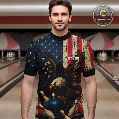 Vintage American Flag Eagle Bowling Shirt For Mens Custom Patriotic Retro Team bowling jerseys NQS10475