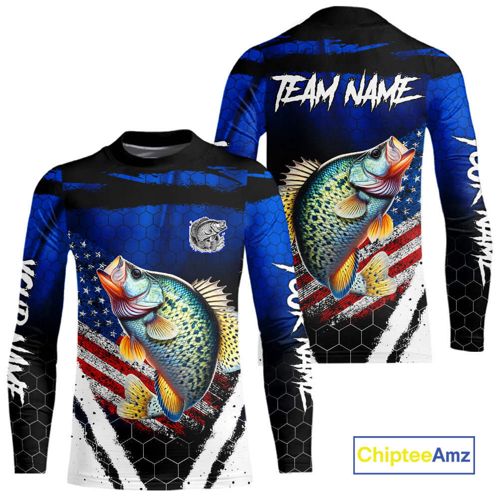 Crappie fishing American Flag Custom patriotic long sleeve team Crappie fishing shirts | Blue NQS10685