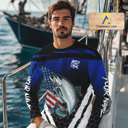 Salmon fishing American Flag Custom patriotic long sleeve team Salmon fishing shirts | Blue NQS10687
