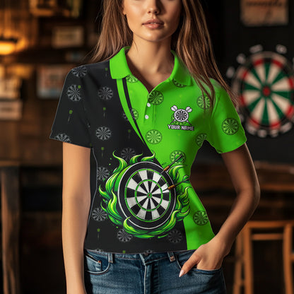 Black and Green Flame Darts Shirts For Women Custom Team Darts Jerseys NQS9565