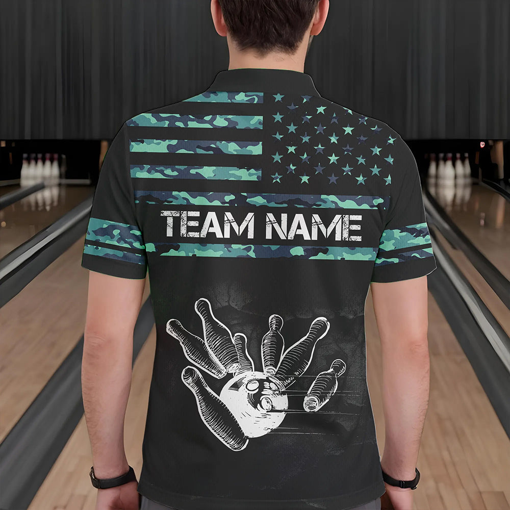 Personalized Turquoise camo American flag Custom Bowling Team Shirts For Mens, Bowling League Jersey NQS9725