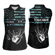 Load image into Gallery viewer, Personalized Turquoise camo American flag Custom Bowling Sleeveless Polo Shirt, Bowling League Jersey NQS9725