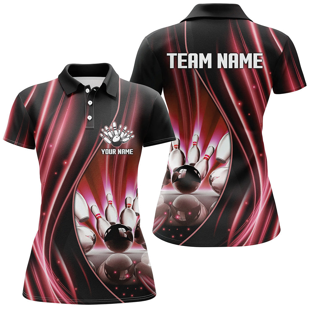Red and black light Women Polo, 1/4 Quarter Zip Shirts Custom bowling team jerseys, gift for bowlers NQS7860