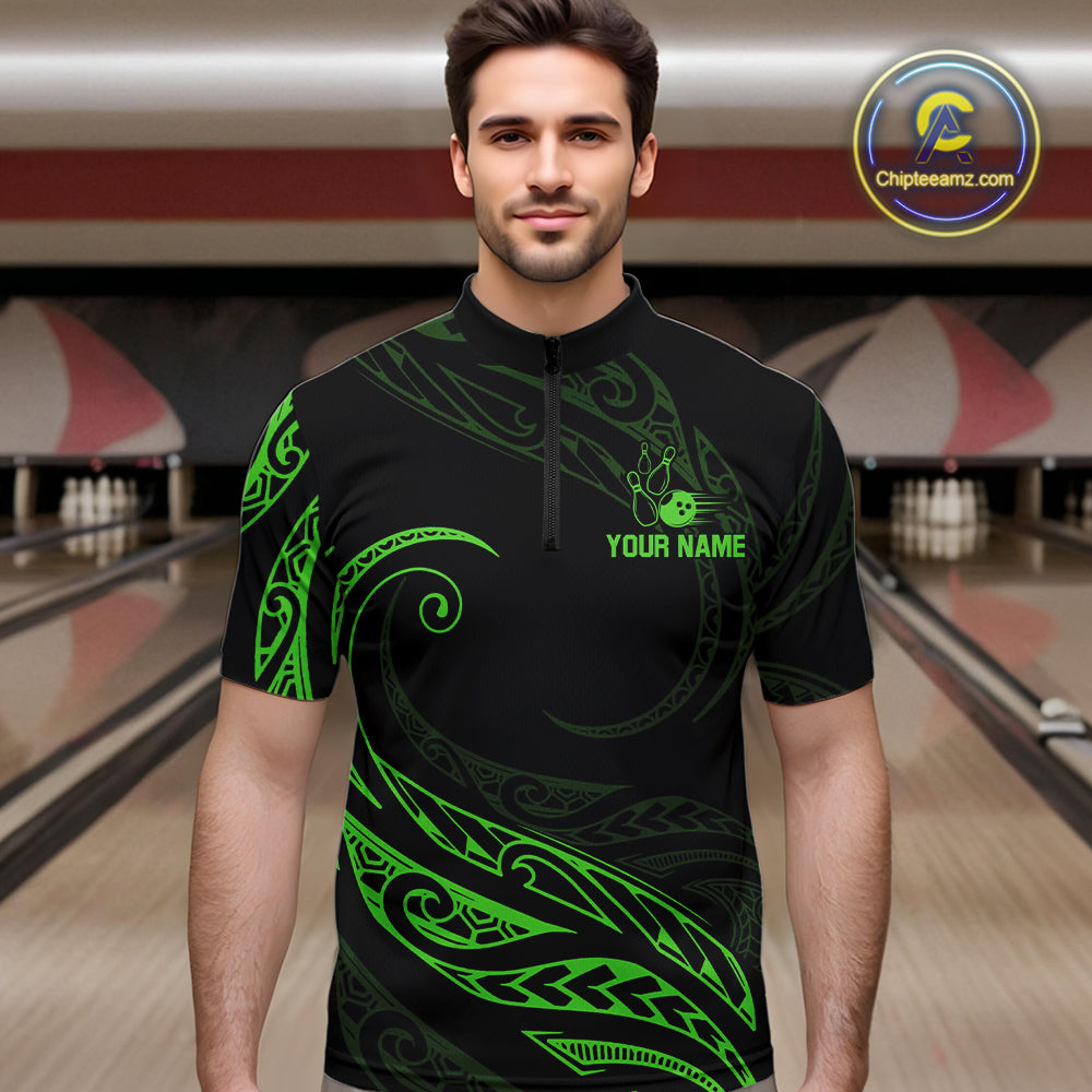 Black and Green Tribal Pattern Bowling Polo, Quarter Zip shirts For Men Custom Team Bowling Jerseys NQS10484