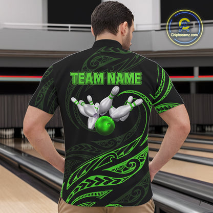 Black and Green Tribal Pattern Bowling Polo, Quarter Zip shirts For Men Custom Team Bowling Jerseys NQS10484