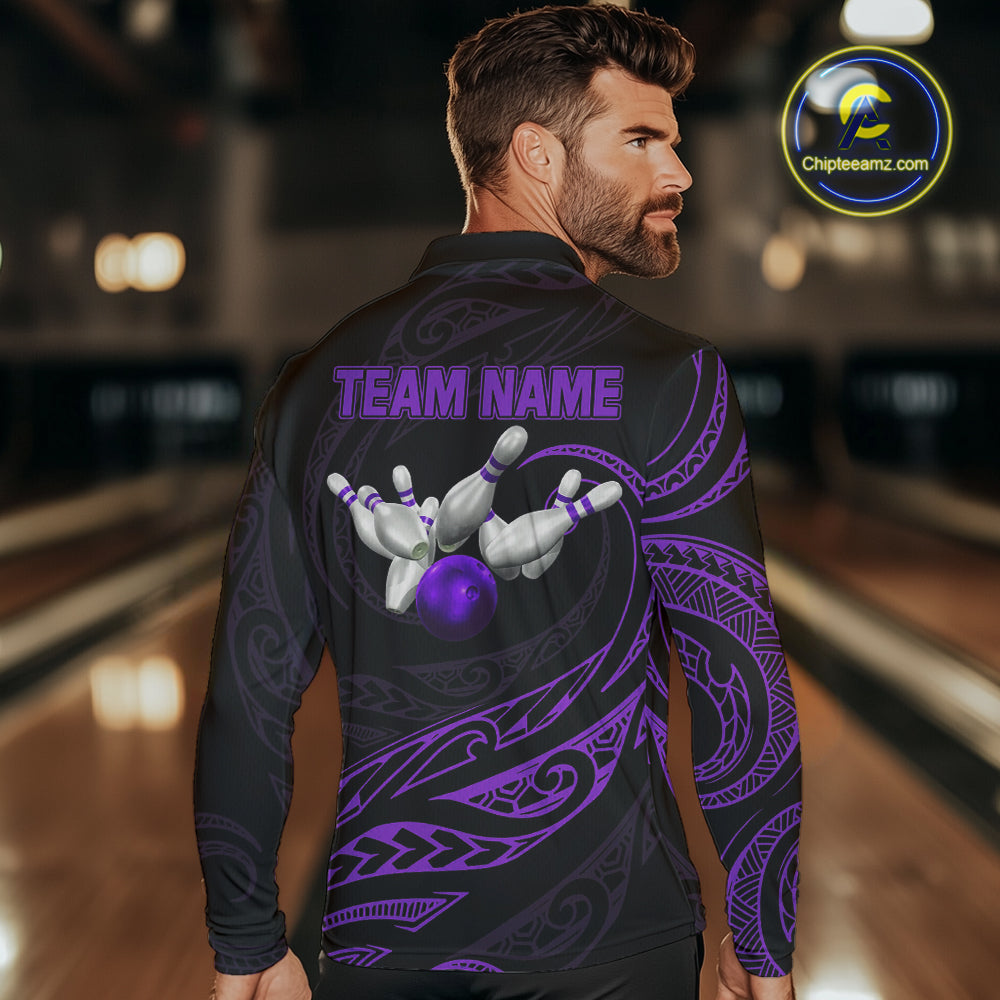 Black and Purple Tribal Pattern Bowling Polo, Quarter Zip shirts For Men Custom Team Bowling Jerseys NQS10486