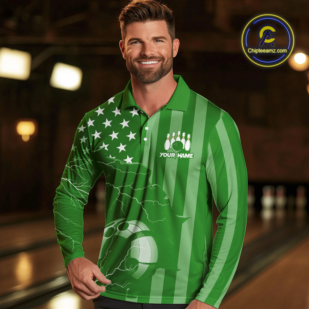 Personalized Green American flag Lightning thunder Custom Bowling Team Shirts For Mens Bowling Jersey NQS10487