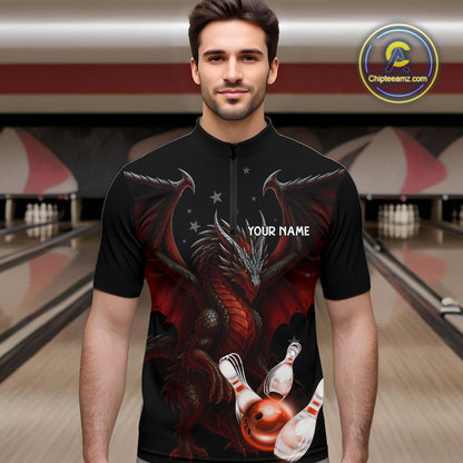 Custom Black And Red Dragon Bowling Shirts For Men, Team Bowling League Shirts NQS11090