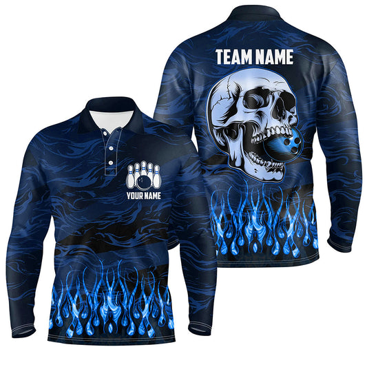 Bowling polo, quarter zip shirts for men Custom Blue camo Flame Skull Bowling Team League Jerseys NQS7652