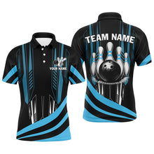 Load image into Gallery viewer, Black Mens Bowling polo, quarter zip shirt Custom Bowling Team League Jerseys, gift for Bowlers | Blue NQS7660