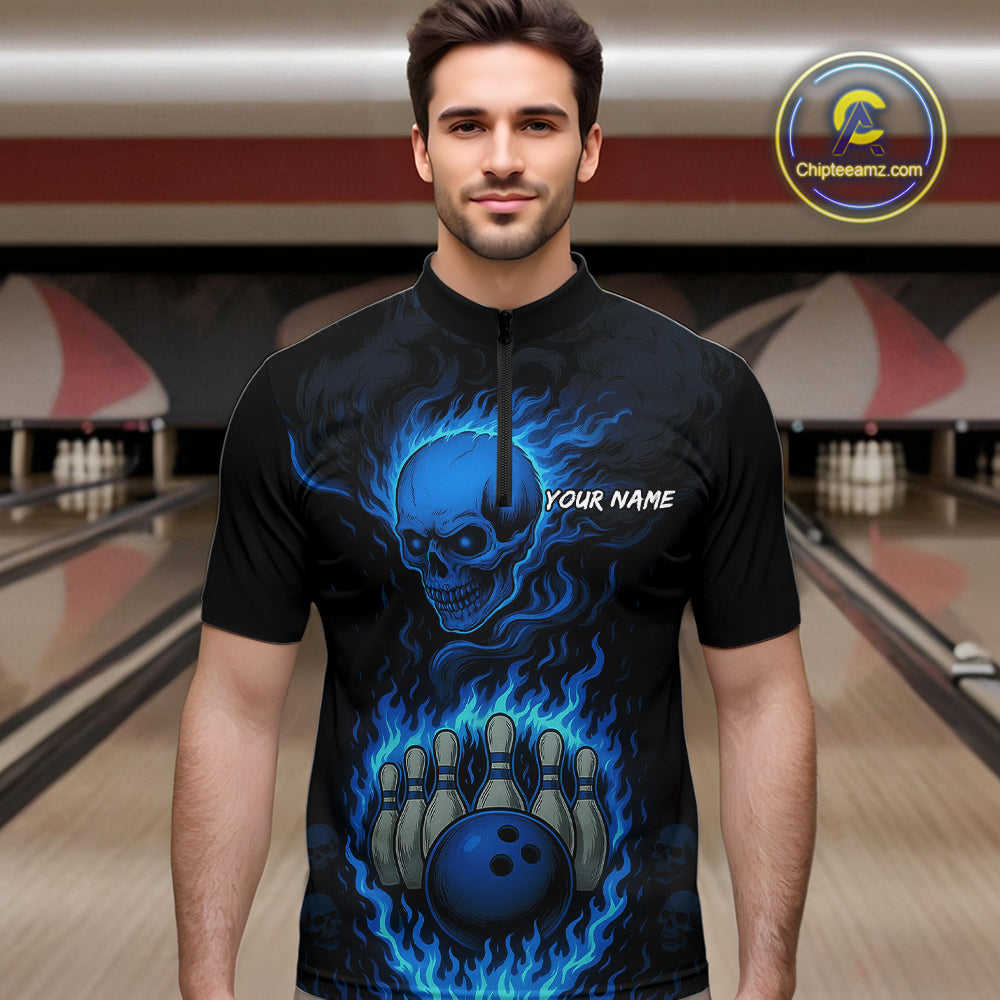 Blue Flame Lightning Thunder Skull Reaper Bowling Shirts for Men Custom Bowling Team League Jersey NQS10908
