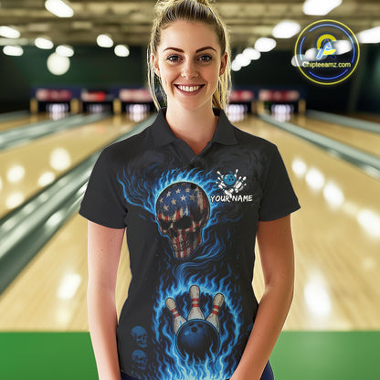 Custom Black and Blue Flame American Flag Skull Bowling Shirts for Women, Bowling Team League Jersey NQS10913