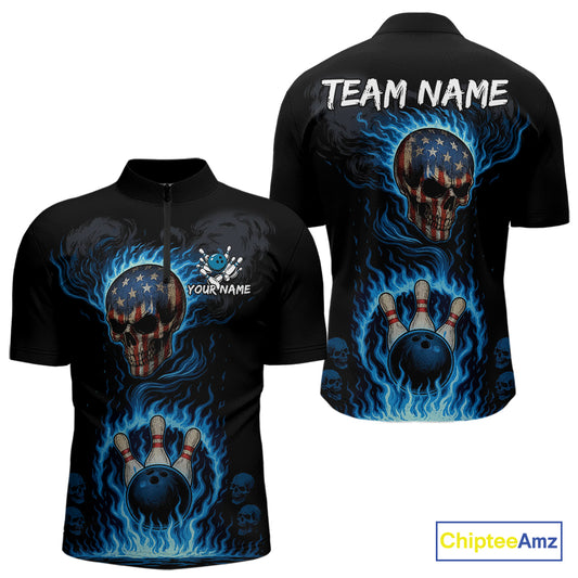 Custom Black and Blue Flame American Flag Skull Bowling Shirts for Men, Bowling Team League Jersey NQS10913
