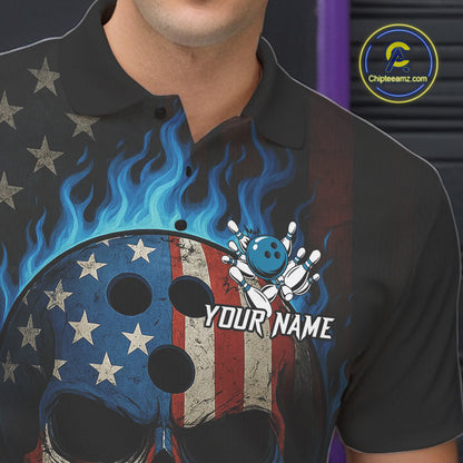 Personalized Blue Flame American Flag Skull Patriotic Bowling Polo, Quarter Zip Shirts for Men NQS10914