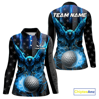 Black American flag Women golf polo shirt Custom blue lightning thunder Eagle patriotic team Golf top NQS11093