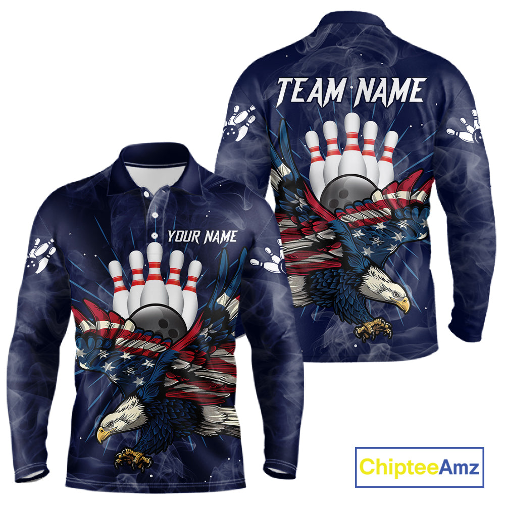 Blue Smoke American Flag Eagle Bowling Shirts For Men Custom patriotic Bowling Team Jersey NQS11288
