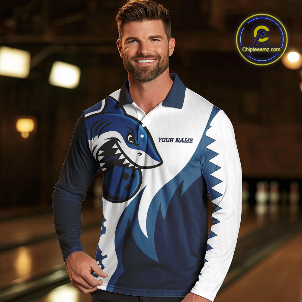 White and Blue Shark Bowling Polo, Quarter Zip shirts for men custom shark bowling team jerseys NQS10159