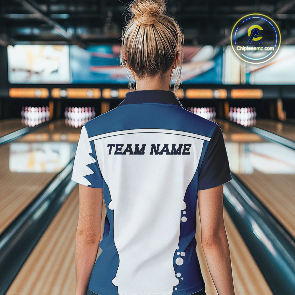 White and Blue Shark Bowling Polo, Quarter Zip shirts for Womens custom shark bowling team jerseys NQS10159