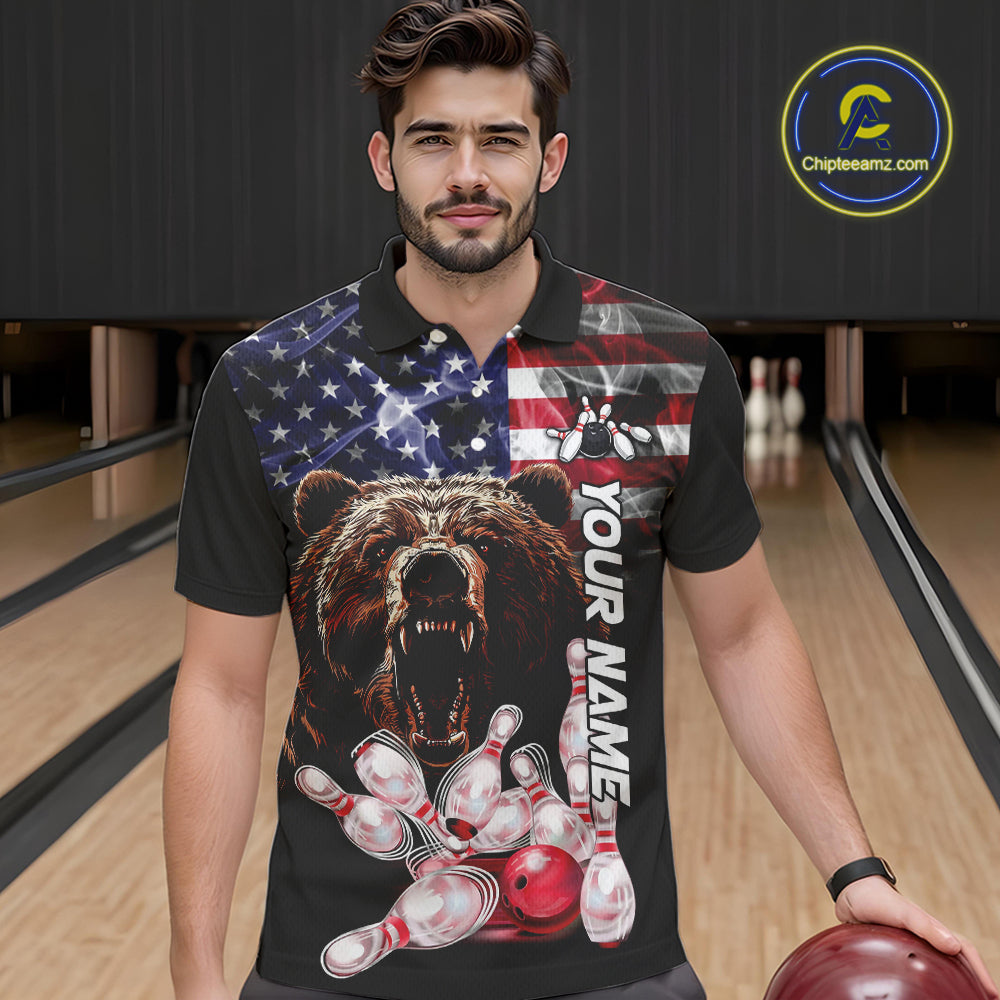 American Flag Bear Bowling Polo, Quarter Zip Shirts for Men Custom patriotic Team Bowling jerseys NQS10287