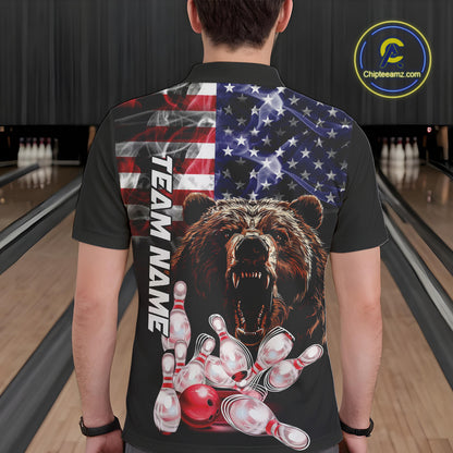 American Flag Bear Bowling Polo, Quarter Zip Shirts for Men Custom patriotic Team Bowling jerseys NQS10287