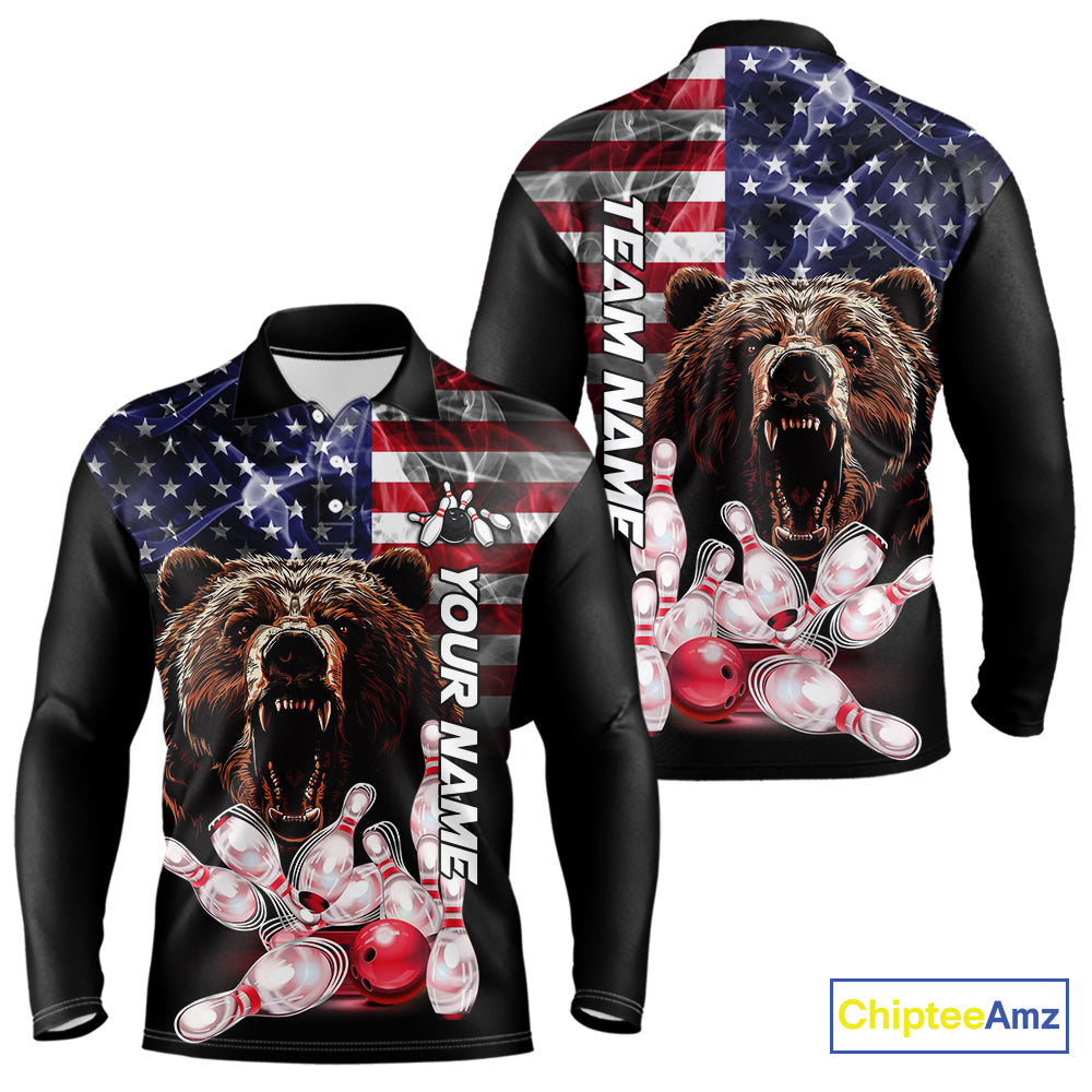 American Flag Bear Bowling Polo, Quarter Zip Shirts for Men Custom patriotic Team Bowling jerseys NQS10287