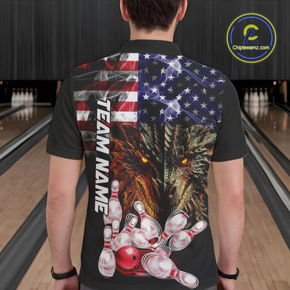 American Flag Dragon Bowling Polo, Quarter Zip Shirts for Men Custom patriotic Team Bowling jerseys NQS10288