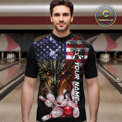 American Flag Dragon Bowling Polo, Quarter Zip Shirts for Men Custom patriotic Team Bowling jerseys NQS10288