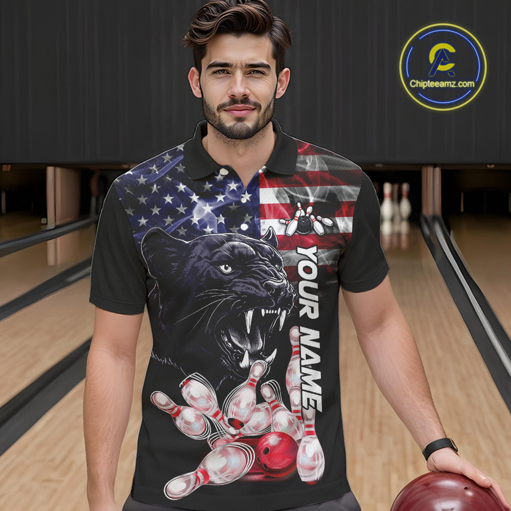 American Flag Panther Bowling Polo, Quarter Zip Shirts for Men Custom patriotic Team Bowling jerseys NQS10289
