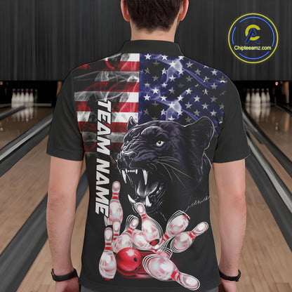 American Flag Panther Bowling Polo, Quarter Zip Shirts for Men Custom patriotic Team Bowling jerseys NQS10289