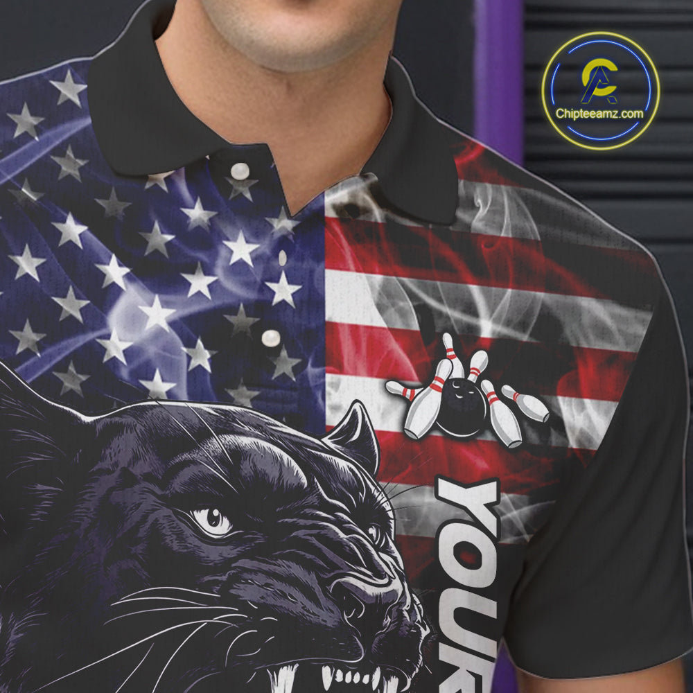 American Flag Panther Bowling Polo, Quarter Zip Shirts for Men Custom patriotic Team Bowling jerseys NQS10289