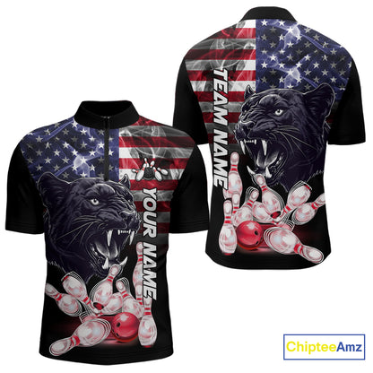 American Flag Panther Bowling Polo, Quarter Zip Shirts for Men Custom patriotic Team Bowling jerseys NQS10289