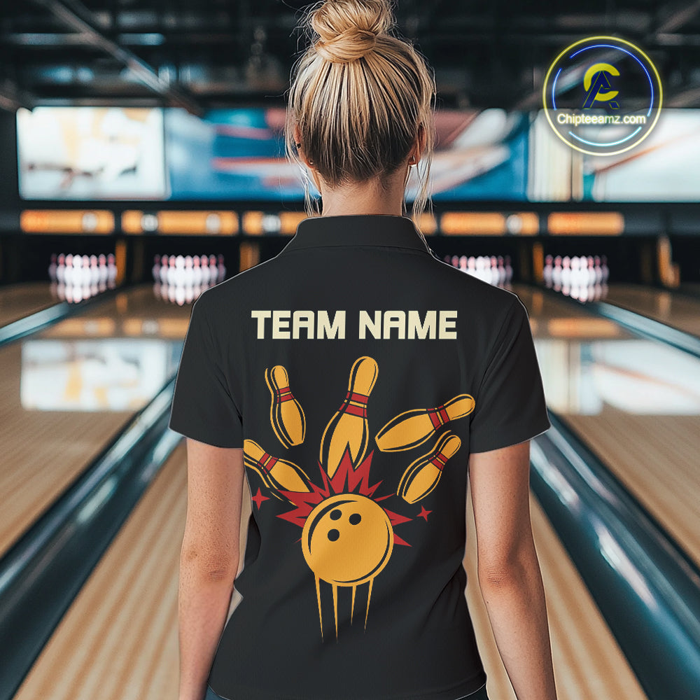 Black and Yellow Retro Bowling Polo, Quarter Zip shirt for Women Custom vintage team bowling jersey NQS10707