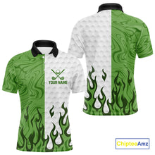 Load image into Gallery viewer, White and Green Camo Flame Mens Golf Polo Shirt Custom golf attire for men, personalized golf gifts NQS10710