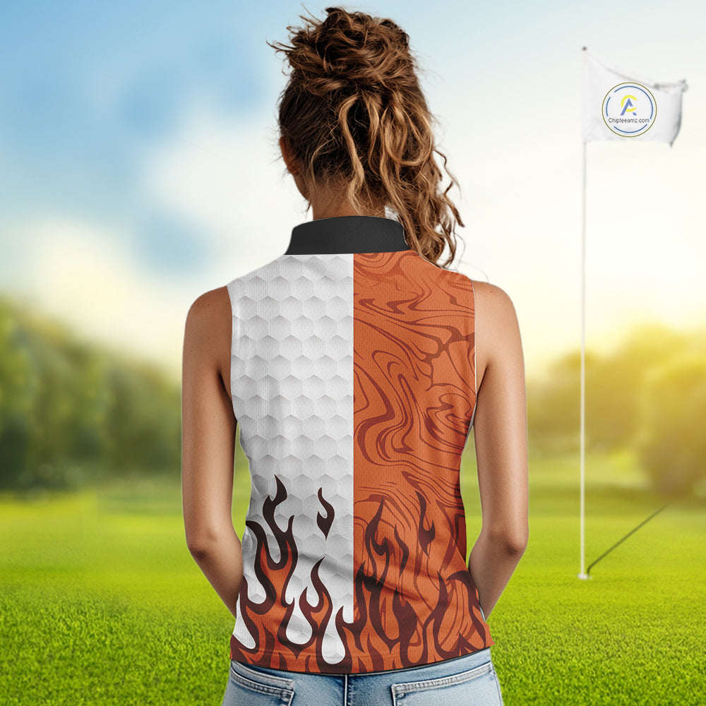 White and Orange Camo Flame Women Sleeveless Golf Polo Shirt Custom golf attire for ladies golf gift NQS10711