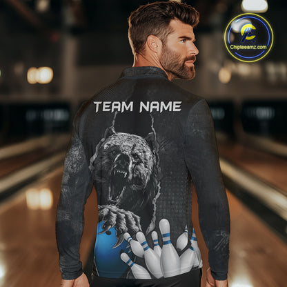 Blue and Black Bear grunge Custom Men Bowling Polo, Quarter Zip Shirts Bowling Team Jerseys Outfits NQS10166