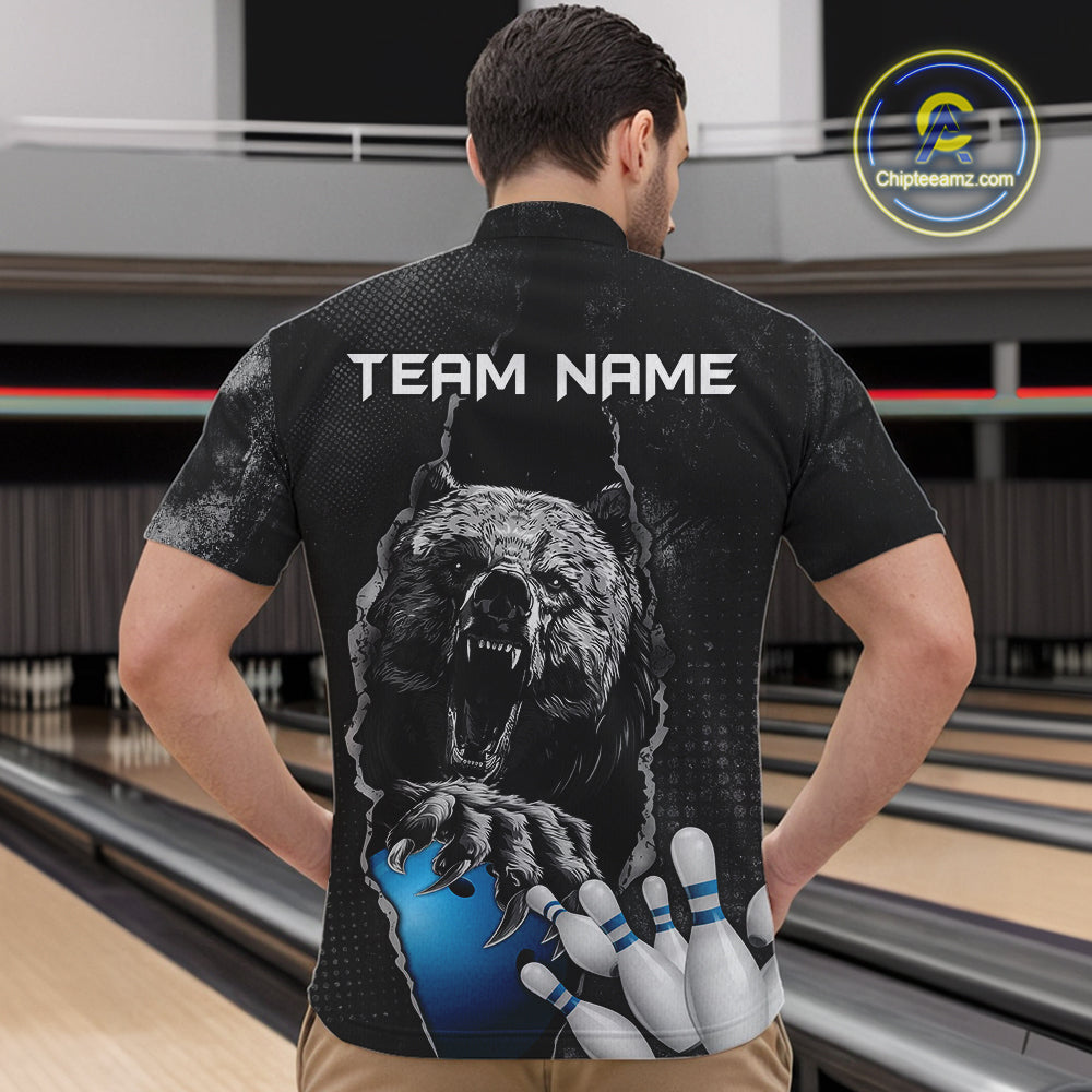 Blue and Black Bear grunge Custom Men Bowling Polo, Quarter Zip Shirts Bowling Team Jerseys Outfits NQS10166