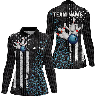 Black white American flag Women bowling Polo, Quarter Zip shirt Custom camo Bowling Team Jersey | Blue NQS8531