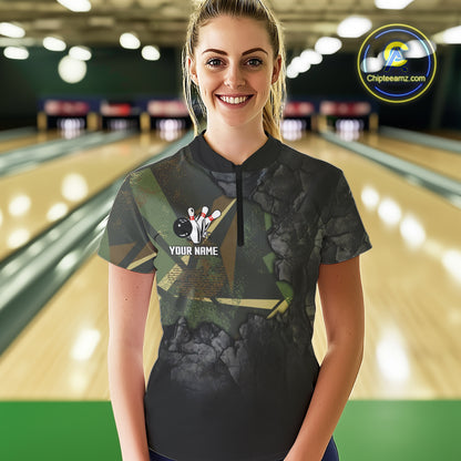 Green Camo Black Bowling Polo, Quarter Zip Shirts for Women Custom Team Bowling Jersey NQS10929