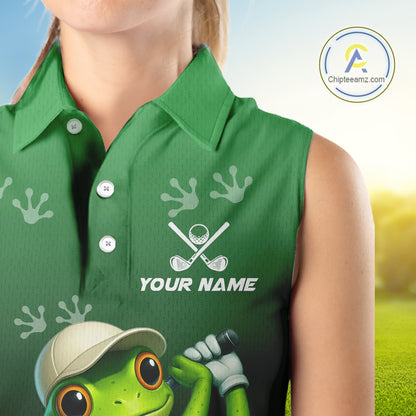 Funny Frog Green Sleeveless Golf polo shirt for Women Custom ladies golf top, personalized golf gifts NQS11104