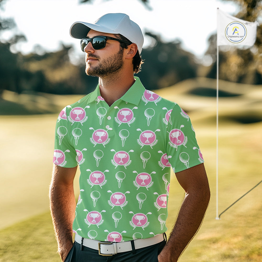 Green and Pink Golf pattern polo golf shirt for men Custom men's golf clothes, best golf gifts NQS11105