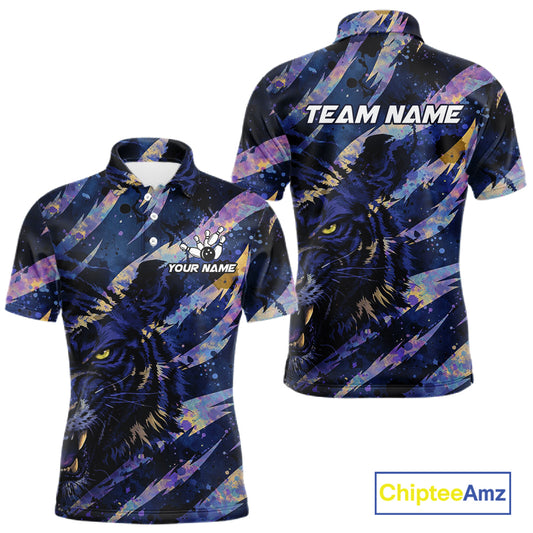 Blue and Purple watercolor Tiger Bowling Polo, Quarter Zip Shirt For Men Custom bowling Team outfit NQS11308