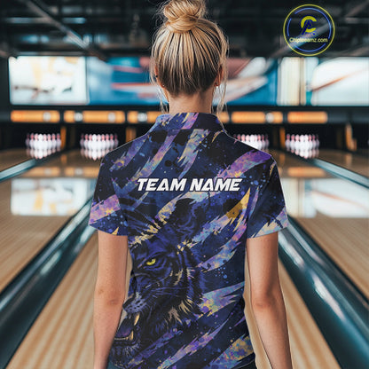 Blue and Purple watercolor Tiger Bowling Polo, Quarter Zip Shirt For Women Custom bowling Team outfit NQS11308