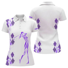 Load image into Gallery viewer, Purple Leopard argyle pattern white Women golf polo shirt custom golf wear for women, unique golf gift NQS9737