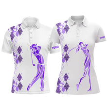 Load image into Gallery viewer, Purple Leopard argyle pattern matching golf shirt for couples custom his and hers matching golf outfit NQS9737