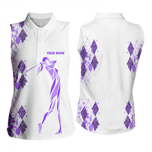 Load image into Gallery viewer, Purple Leopard argyle pattern white Women sleeveless golf polo shirt custom golf tank top for women NQS9737