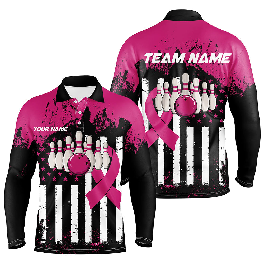 Pink and Black American flag Men Polo, 1/4 Zip Shirts Custom Breast Cancer Awareness bowling jerseys NQS8102