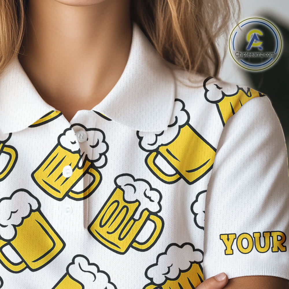 Funny Yellow beer pattern Women golf polo shirts custom fun golf shirts, cool golf gifts NQS10301