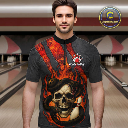 Red Flame Skull Snake Bowling Polo, Quarter Zip Shirts for Men Custom Team Bowling Jersey NQS10937