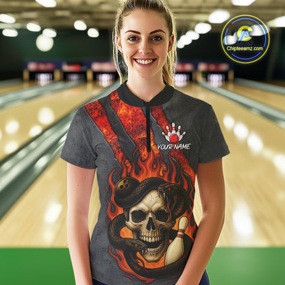 Red Flame Skull Snake Bowling Polo, Quarter Zip Shirts for Women Custom Team Bowling Jersey NQS10937