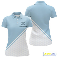 Load image into Gallery viewer, Light Blue and White Golf polo golf shirt for Women Custom ladies's golf outfit, unique golf gifts NQS11112